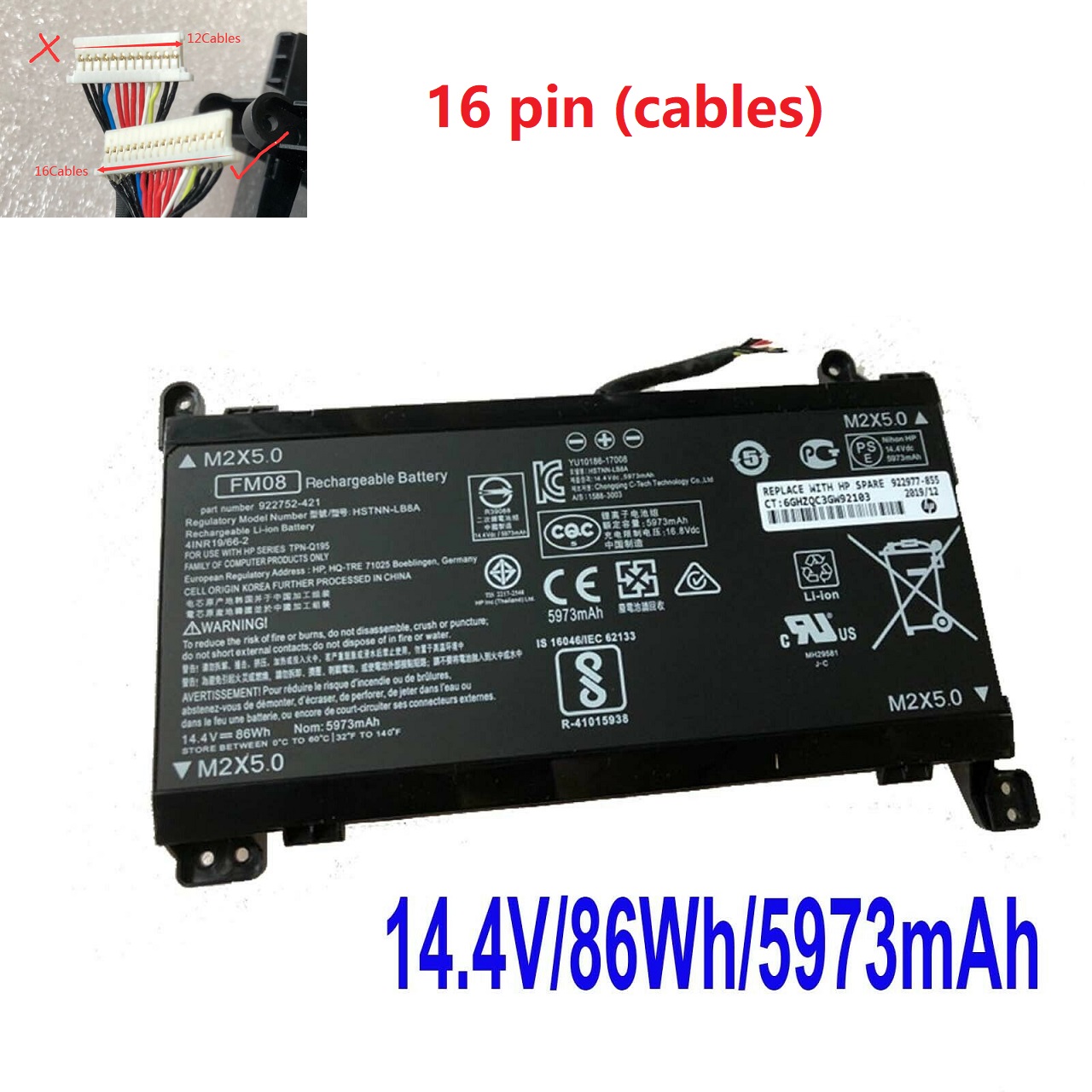 16 Cables FM08 HP 922752-421, 922753-421, 922976-855, 922977-855 kompatibelt batterier
